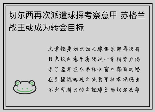 切尔西再次派遣球探考察意甲 苏格兰战王或成为转会目标