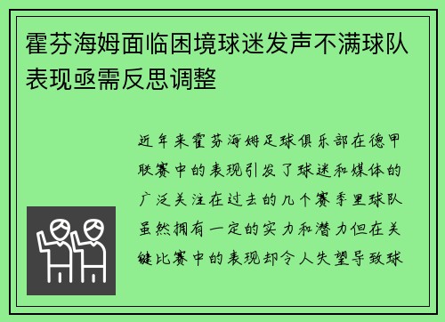 霍芬海姆面临困境球迷发声不满球队表现亟需反思调整