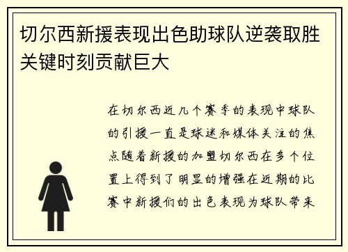 切尔西新援表现出色助球队逆袭取胜关键时刻贡献巨大