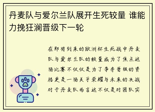 丹麦队与爱尔兰队展开生死较量 谁能力挽狂澜晋级下一轮
