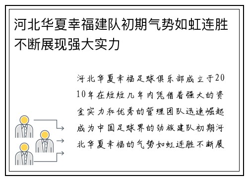 河北华夏幸福建队初期气势如虹连胜不断展现强大实力